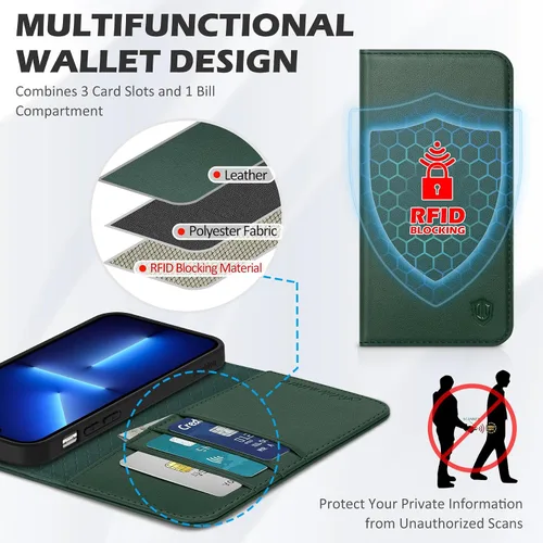Miniatura 4 de SHIELDON Funda para iPhone 13, funda plegable de piel auténtica con función atril con bloqueo RFID, ranuras para tarjetas, funda magnética a prueba
