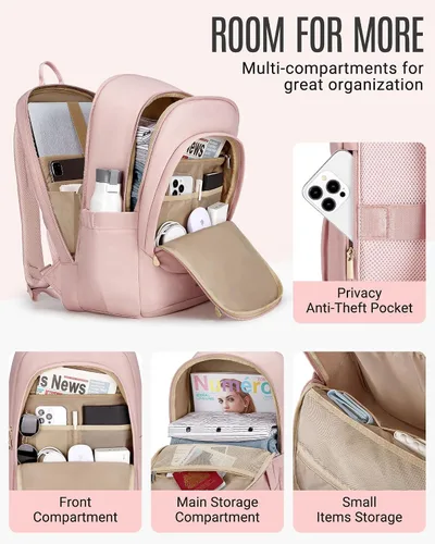 Miniatura 6 de LIGHT FLIGHT Mochilas de viaje para laptop para mujer, mochila para laptop de 17.3 pulgadas con orificio de carga USB, bolsa universitaria 2-Rosa