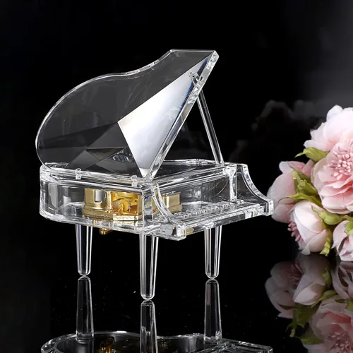 ELLDOO Caja de música de piano, mecánico, caja musical decorativa para piano, adorno de piano acrílico transparente, regalo romántico para niñas y