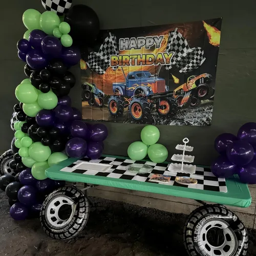 Miniatura 5 de Kit de arco de guirnalda de globos de 145 piezas con temática de camión monstruo morado y verde y negro con ruedas grandes, globos de aluminio a