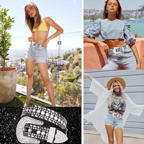 Miniatura 3 de UnFader Cinturones de diamantes de imitación brillantes para mujer, cinturones de vaquera occidentales con tachuelas para pantalones de mezclilla