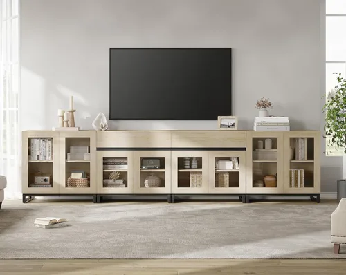 Miniatura 3 de WAMPAT Soporte de TV 3 en 1 para televisores de hasta 100 pulgadas, moderno centro de entretenimiento con puertas de vidrio y cajón, consola de TV