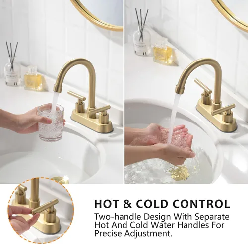 Miniatura 5 de llave de baño, grifo de fregadero de 2 manijas dorado, grifos de baño dorados, llave de fregadero central de 4 pulgadas con drenaje emergente y Oro