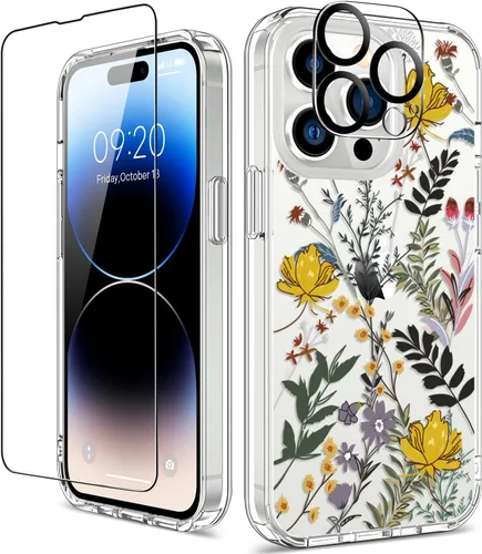 Miniatura 45 de Funda para iPhone 14 Pro con protector de pantalla, 6.1 pulgadas, transparente de cuerpo completo, a prueba de golpes, diseño floral, para niñas
