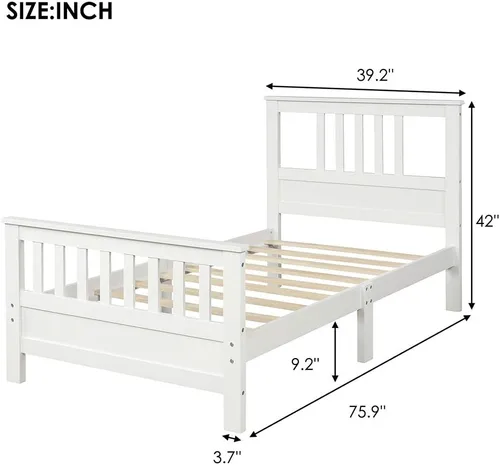 Miniatura 2 de MERITLINE Marco de cama individual, marco de cama de madera con cabecero, no necesita somier (blanco, individual)