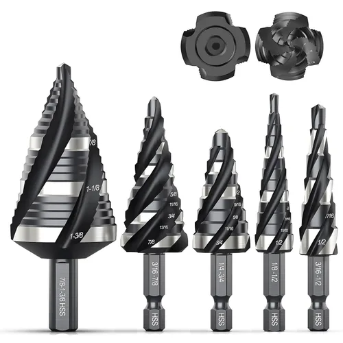 Miniatura 10 de THINKWORK Juego de 4 brocas en espiral con paso de flauta (métrico), 5 brocas escalonadas HSS (0.157 in-1.378 in), brocas de paso Unibit con vástago