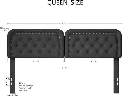 Miniatura 2 de Cabecero tapizado y capitonado tamaño Queen, con botones, altura ajustable, solo tablero de cabecera Queen, madera maciza resistente y duradera, Gris