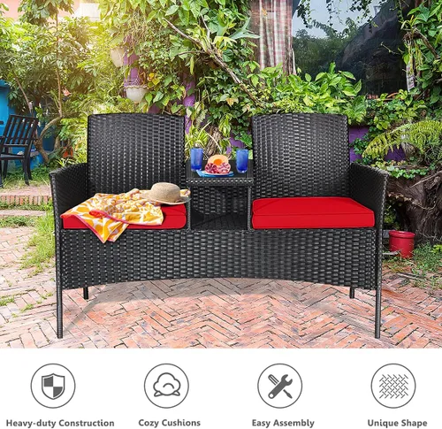 Miniatura 5 de LDAILY Juego de conversación para patio, sofá biplaza de ratán moderno, juego de muebles para exteriores con cojines y mesa extraíbles, juego de Rojo