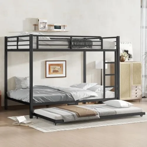 Miniatura 10 de Litera de metal con cama nido, marco de litera individual sobre matrimonial con 2 escaleras laterales y patas más gruesas, color negro