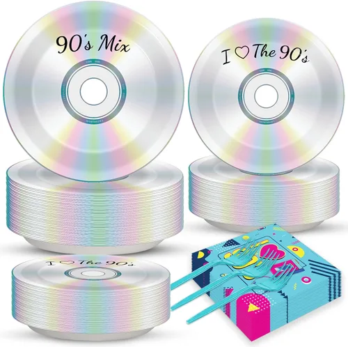 200 piezas de platos para fiesta de los 90, servilletas, juego de vajilla de CD mix de los 90 para decoración de fiesta temática retro de los 90,