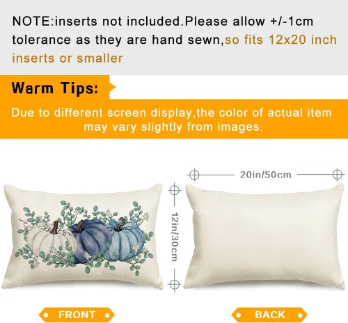 Miniatura 3 de RABUSOFA Fall Pillow Covers 12x20 Inch,Blue Pumpkin Thanksgiving Autumn Harves Outdoor Lumbar Cushion Cases Decoration for Home Sofa Couch(2306B-12