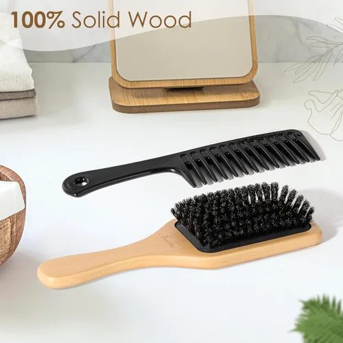 Miniatura 5 de Bsisme Cepillo de pelo, cepillos de cerdas de jabalí para mujeres, hombres y niños, cepillo de madera con cerdas naturales para cabello fino