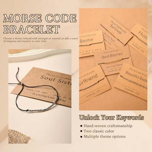 Miniatura 4 de SANNYRA Pulsera ajustable con código morse, mensaje secreto, joyería de moda para mujer, cuentas chapadas en oro de 14 quilates en cordón de seda