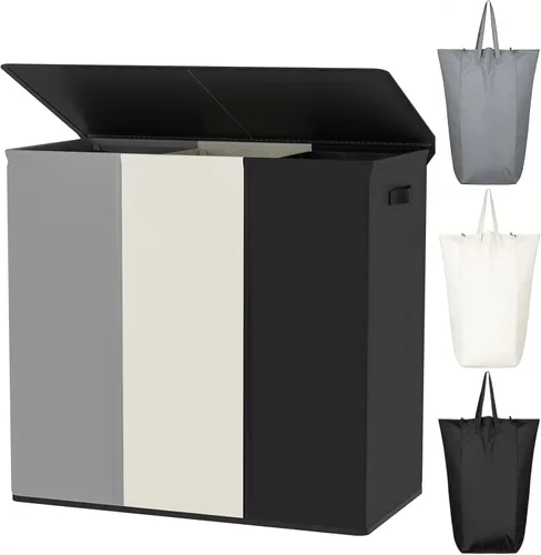 Miniatura 10 de WOWLIVE Cesta de lavandería de 100 litros con tapa, cesta plegable grande con 2 bolsas y asas extraíbles, cesta de ropa sucia plegable alta