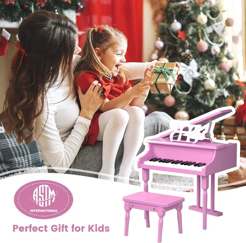 Miniatura 8 de Costzon Piano clásico para niños, piano de cola de madera de 30 teclas con soporte de música y banco, mini juguete musical para niños, ideal
