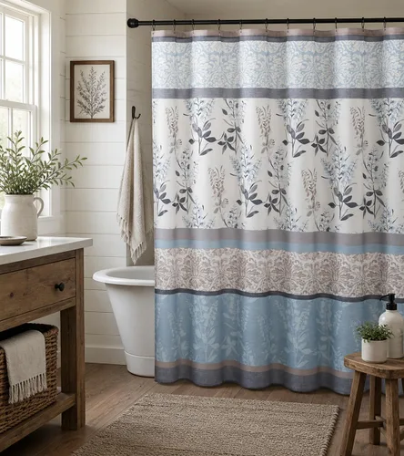 Miniatura 22 de Serafina Home Cortina de ducha bohemia, diseño floral de mandala azul marino, verde azulado, blanco, tela, 72 x 72 pulgadas, resistente a