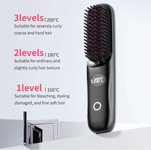Miniatura 5 de Go Brush Pro - Cepillo alisador de pelo inalámbrico, mini cepillo alisador portátil para mujeres con 3 ajustes de temperatura, pantalla LED, peine