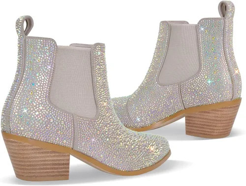 Miniatura 2 de VERISSON Point Toe Western Botas Chelsea Silver Glitter Rhinestone Block Tacón Vaquero Botín 6CM