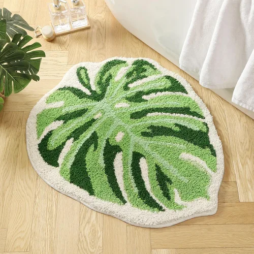 Miniatura 6 de Litabel Juego de Alfombras de Baño de Hoja Verde de 2 Piezas, Lindas Alfombrillas de Baño Antideslizantes en Forma de Monstera de Felpa, Juego