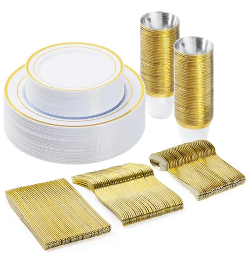 Miniatura 17 de BESTVIP Juego de vajilla de 300 piezas de oro negro para 50 invitados, platos de plástico para fiesta de Halloween y Navidad, 50 platos desechables
