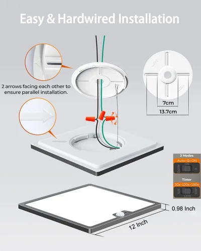 Miniatura 6 de Annaror Luz de techo con sensor de movimiento de 12 pulgadas cableada, 3000K 4000K 5000K seleccionable, luz de techo cuadrada de montaje empotrado