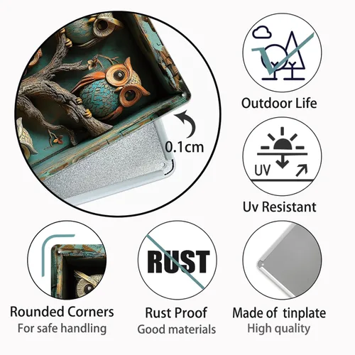 Miniatura 4 de Letrero de lata de búhos con diseño de efecto visual 3D, póster de metal para decoración de pared para el hogar, patio, cocina, restaurante
