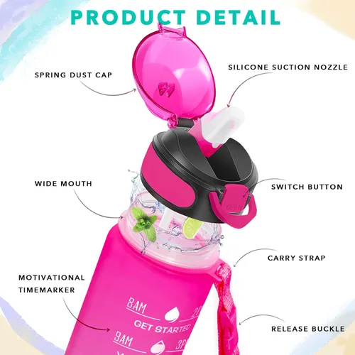 Miniatura 3 de Enerbone Botella de agua de 32 oz con horas para beber y pajita, motivacional con correa para llevar, a prueba de fugas, sin BPA ni tóxicos, Rojo