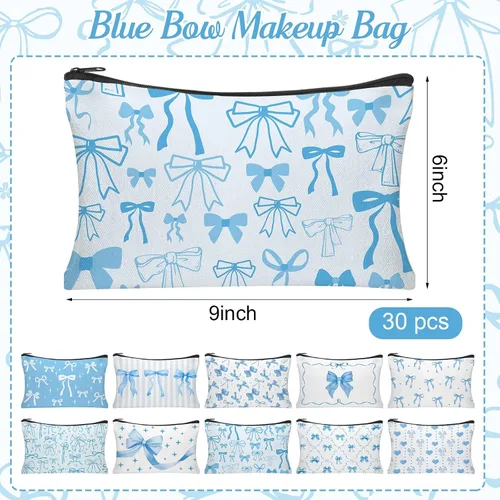 Miniatura 2 de 30 bolsas de maquillaje con lazo azul, bolsas de cosméticos con lazo coqueta para mujeres, bolsa de aseo de viaje, bolsa de aseo de coqueta