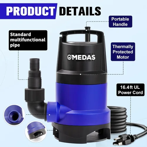 Miniatura 2 de MEDAS 1HP 3434 GPH Bomba de Sumidero Sumergible Bomba de Agua Limpia/Sucia Bomba Utilitaria Portátil con Cable de 16.4 pies para Piscina Jardín