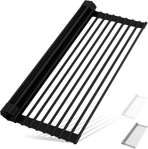 Miniatura 9 de HANZENMA Estante triangular para fregadero, estante multifuncional sobre la encimera, esterilla plegable para secar el fregadero, resistente al Negro