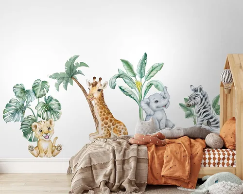 Miniatura 3 de Calcomanías de pared grandes con diseño de animales de safari, diseño de árboles tropicales con animales africanos