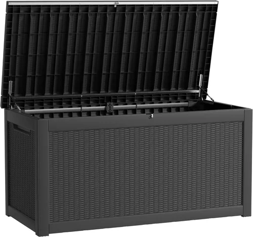 Miniatura 32 de Caja de almacenamiento impermeable para exteriores de 180 galones, caja de resina resistente a los rayos UV con varilla hidráulica para mayor 2-Gris