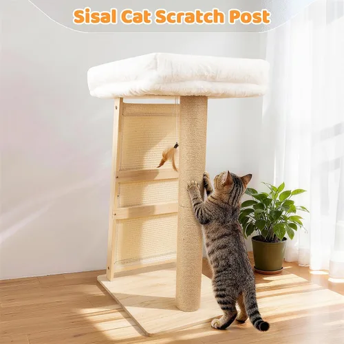 Miniatura 5 de Poste rascador para gatos de 31.5 pulgadas, muebles multifuncionales de madera de pino natural 3 en 1, postes altos para rascar con percha