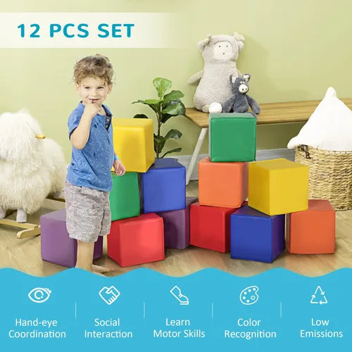 Miniatura 6 de Soozier Bloques de juego suaves de 12 piezas, juguete de espuma suave, bloques de construcción y apilamiento, juguetes de aprendizaje compatibles