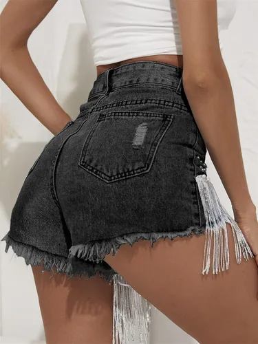 Miniatura 4 de LifeShe Pantalones cortos de mezclilla para mujer con cuentas de perlas de diamantes de imitación