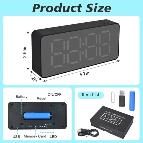 Miniatura 7 de Cámara WiFi interior estilo reloj digital 1080P HD - Visión nocturna, colocación visible de escritorio para bebé mascota anciana monitoreo