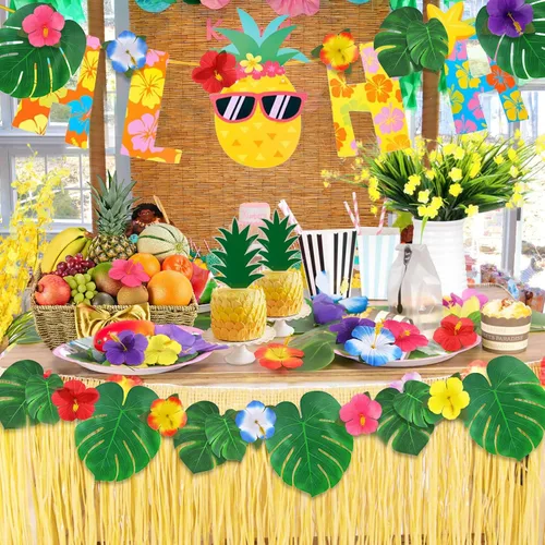 Miniatura 3 de 126 piezas de suministros para decoraciones de fiesta Luau, hojas de palma tropicales, flores de hibisco, hojas artificiales simuladas para fiestas