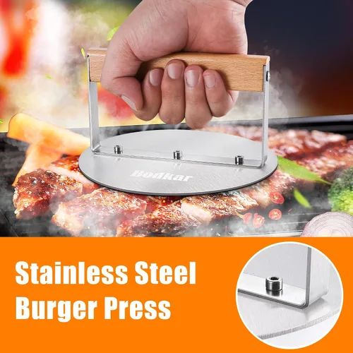 Miniatura 2 de bodkar Prensa de hamburguesas de acero inoxidable, trituradora de hamburguesas redonda de 6 pulgadas con mango de madera, prensa para parrilla