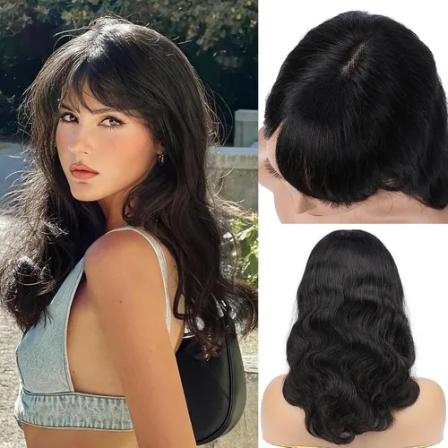 Miniatura 10 de WIGNEE Pelucas onduladas naturales con flequillo, 100% cabello humano brasileño, pelucas onduladas de moda, color negro natural