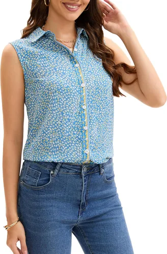 Miniatura 19 de JTD Camisas sin mangas con botones para mujer, tops casuales con cuello, camiseta sin mangas con cuello en V, blusas de verano para trabajo