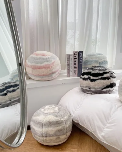 Miniatura 4 de Cojín redondo de bola de felpa 3D de 13.8 pulgadas, con forma de orbe circular para decoración del hogar (blanco café)