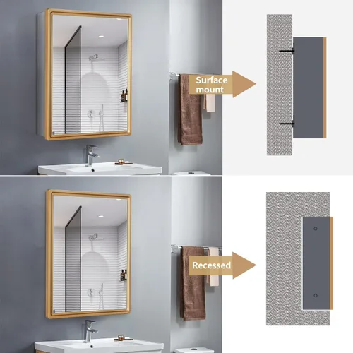Miniatura 5 de Botiquín de baño de 16 x 20 pulgadas con espejo con marco dorado, gabinete de almacenamiento empotrado o de montaje en superficie, diseño rústico