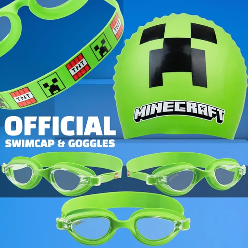 Miniatura 2 de Get Trend Gafas de natación y gorro de natación para niños y adolescentes, antivaho con protección UV Minecraft verde