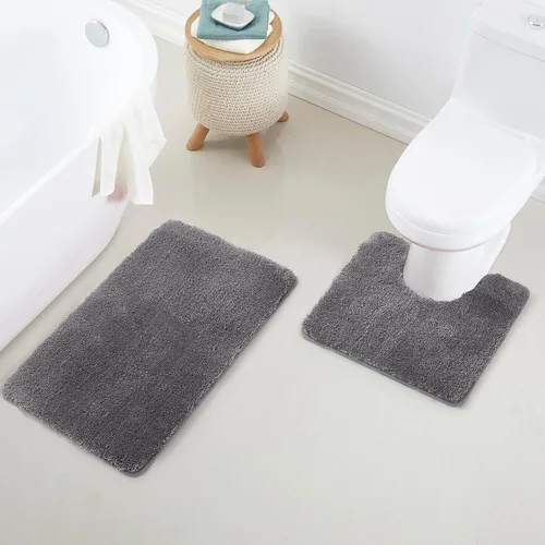 YHF - Juego de alfombras de baño de 2 piezas, microfibra gruesa y suave tipo shag, contorno en forma de U, alfombras de baño lavables a máquina, Gris