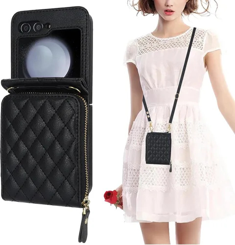 KIHUWEY Funda tipo cartera para Samsung Galaxy Z Flip 5, bolso cruzado con cremallera con ranura para tarjeta de crédito, bloqueo RFID, correa Negro