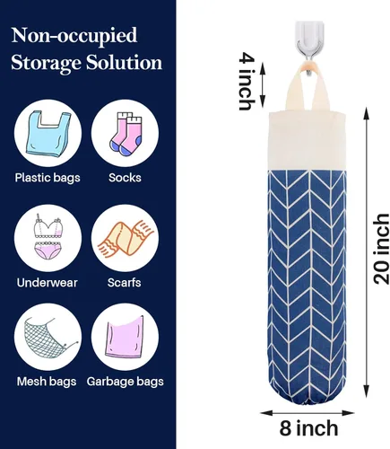 Miniatura 2 de Dispensador de bolsas de comestibles de lona, organizador de almacenamiento de bolsas de basura para compras de montaje en pared (azul clásico)