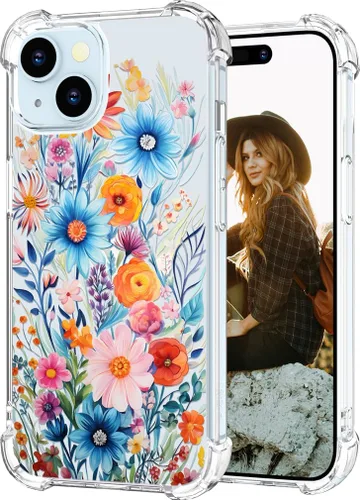 Miniatura 39 de Hungo Funda compatible con iPhone 15 Plus para mujer, diseño floral transparente, lindo, flor azul rosa Rosas Azules