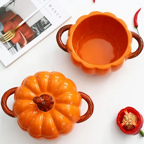 Miniatura 2 de Olla holandesa con tapa, cacerola de postre de cerámica de calabaza, mini fuente para hornear, lindo cuenco de calabaza, olla holandesa de cerámica