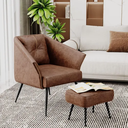 Miniatura 3 de Alunaune Silla decorativa moderna color marrón con otomana, silla individual tapizada de piel sintética para sala de estar, cómoda de mediados