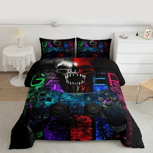 Miniatura 34 de Juego de edredón de videojuegos para niños, niñas y hombres, juego de ropa de cama con estampado de consola de videojuegos negro, decoración